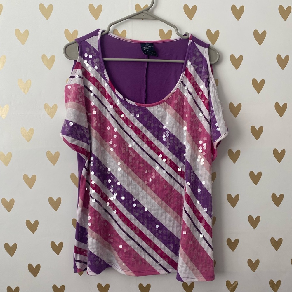 Faded Glory Pink & Purple Sequin Diagonal Stripe Cold Shoulder Blouse
